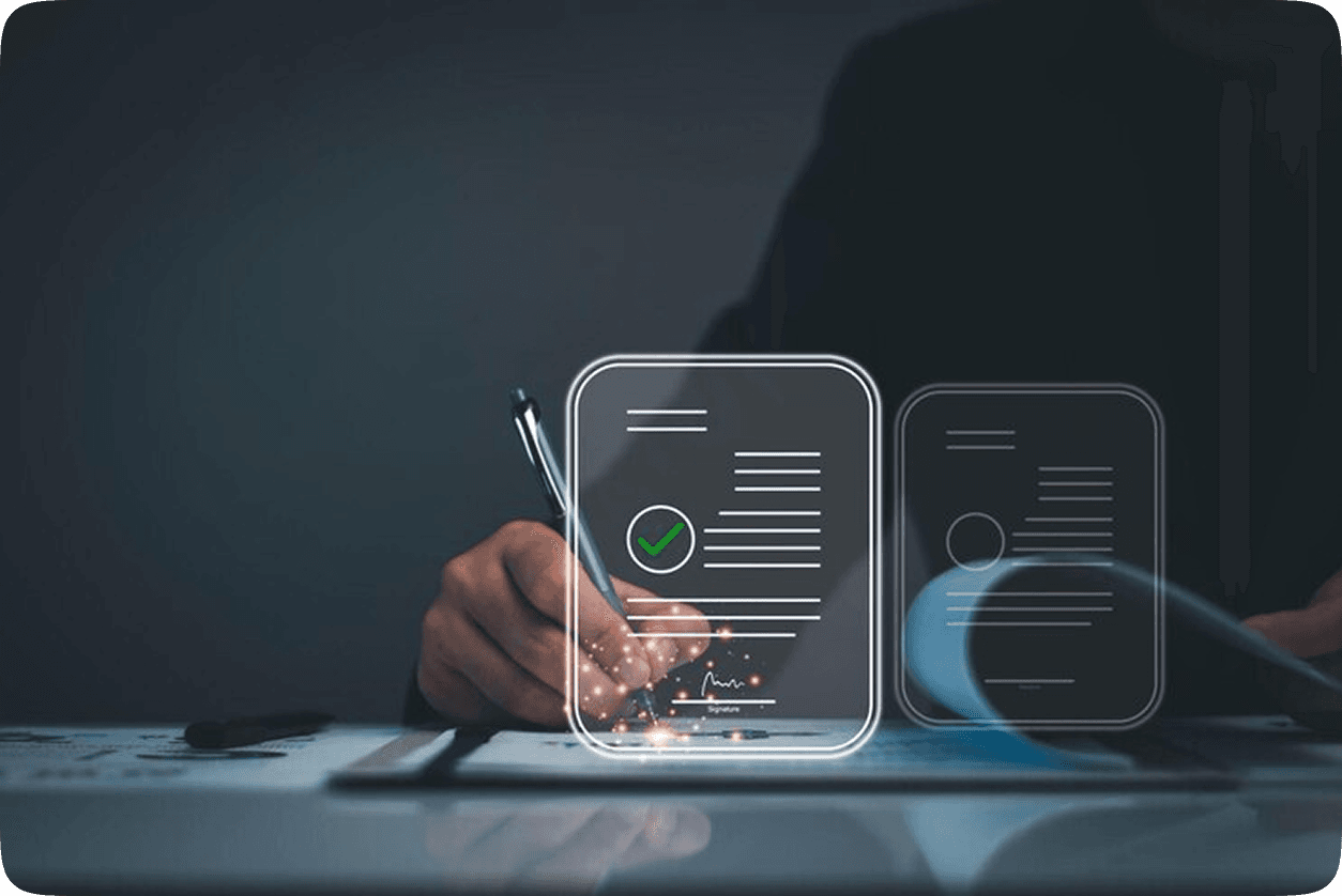 Person pointing to digital legal case synopsis icon