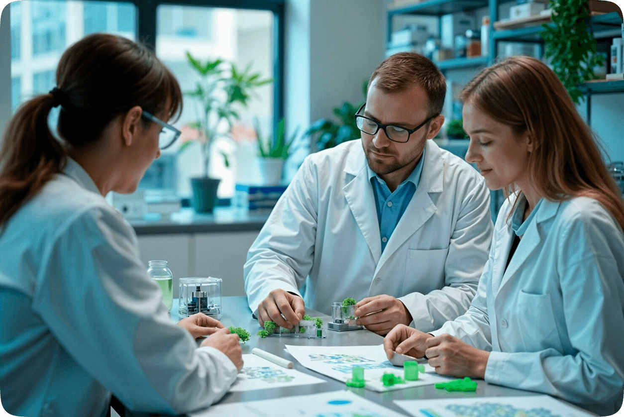 Scientists working collaboratively in clinical laboratory