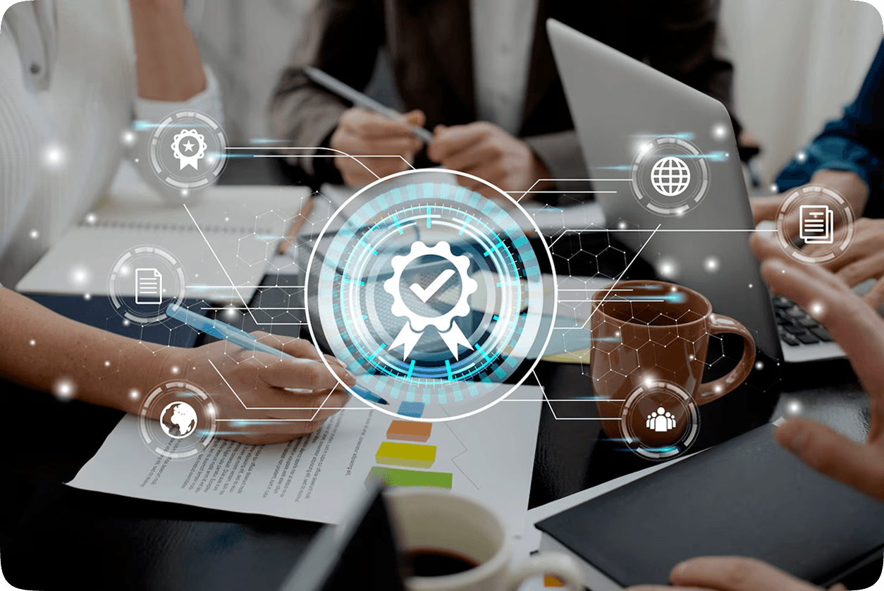 Team of professionals analyzing digital compliance workflow data