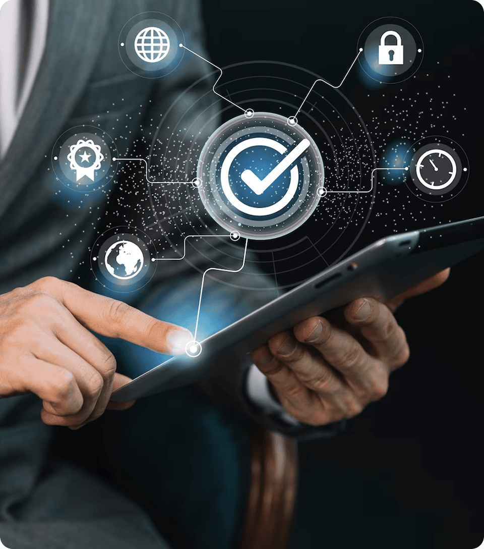 Security shield floating above tablet held by a person in a suit