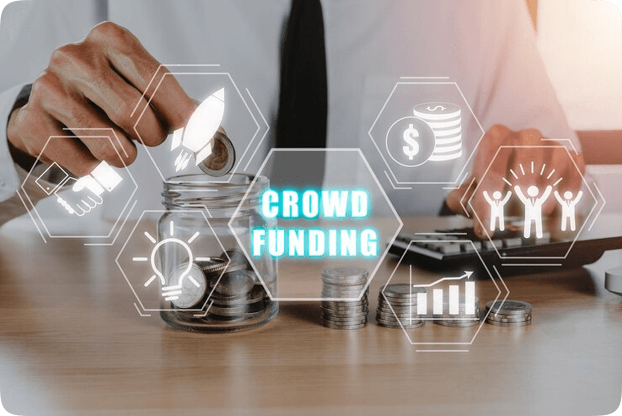 Hands dropping coins into jars while a crowdfunding digital sign hovers