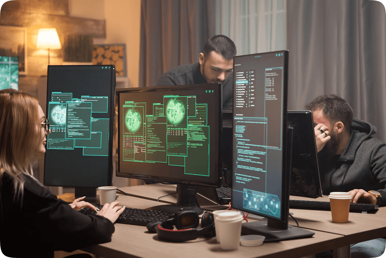 Security team monitoring data breach alerts on large screens