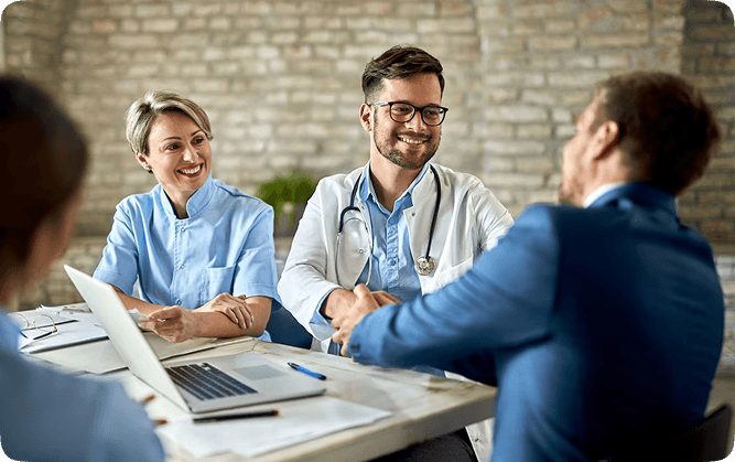 Healthcare professionals in a collaborative medical meeting environment