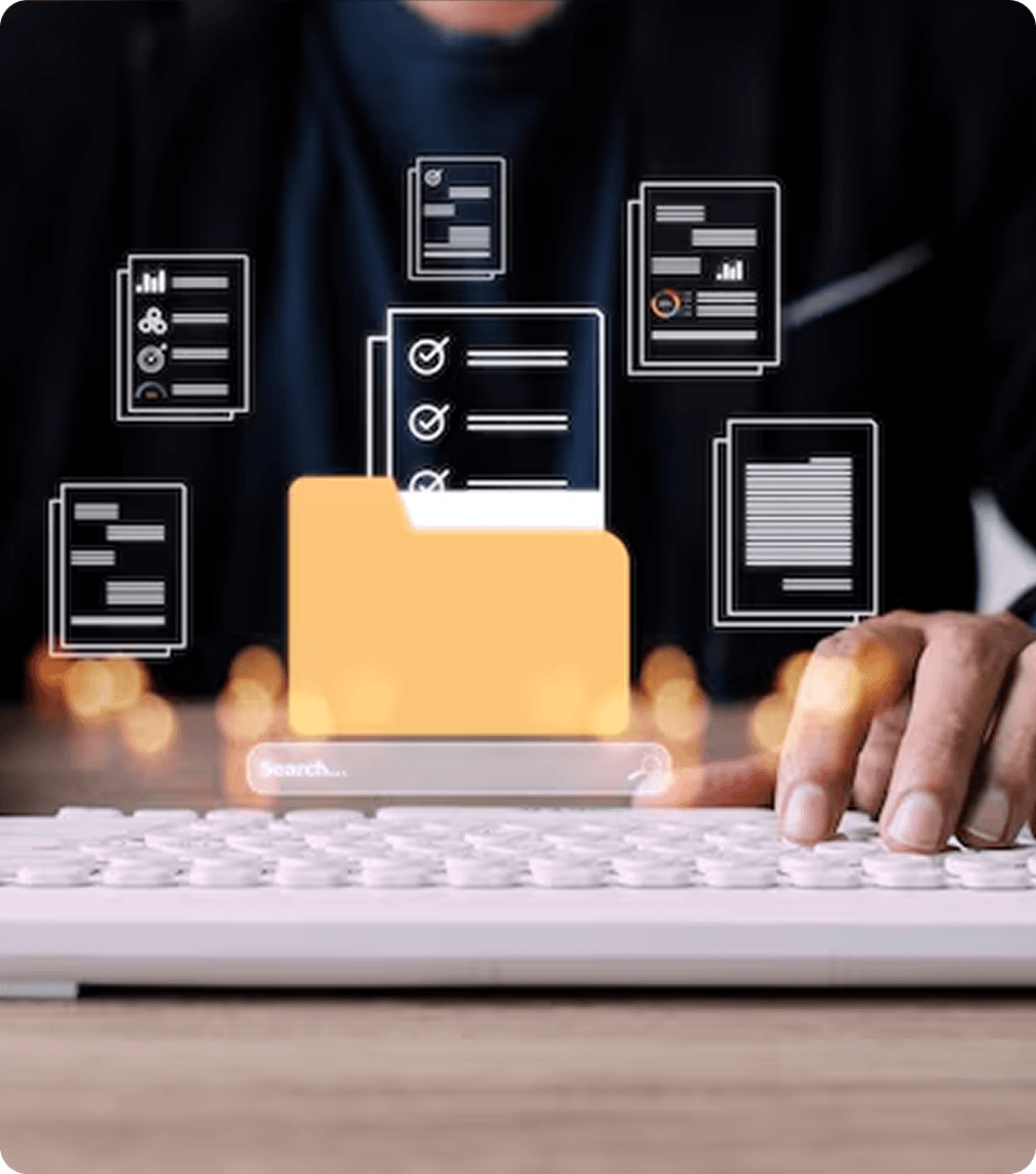 Futuristic digital overlay on paperless document workflow
