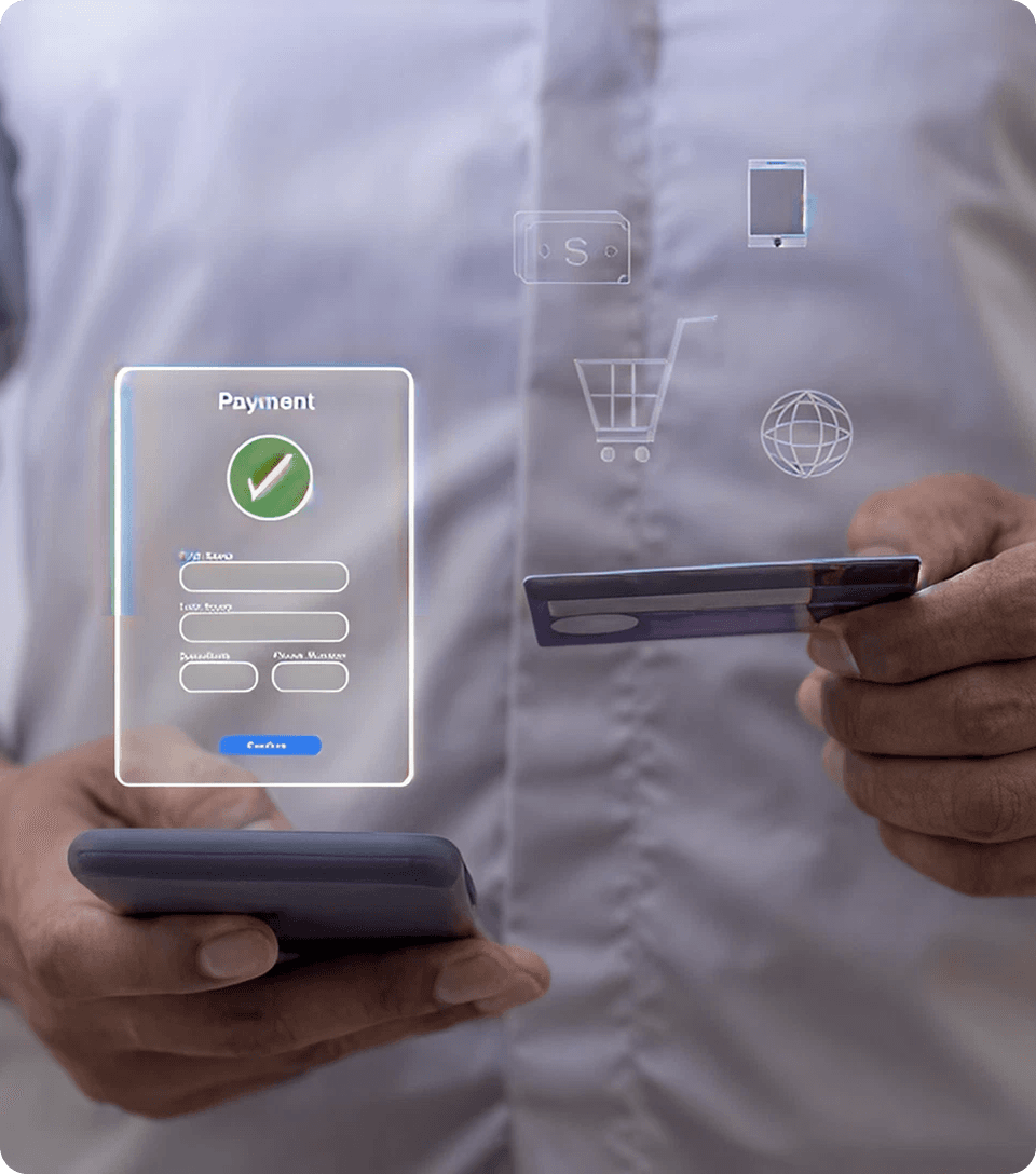 Man holding phone and credit card confirming green check mark