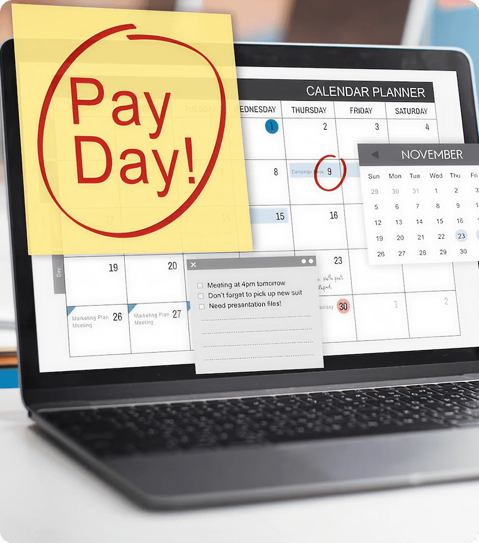 Laptop with a calendar and payment plan scheduling view, sticky note "Pay Day!"