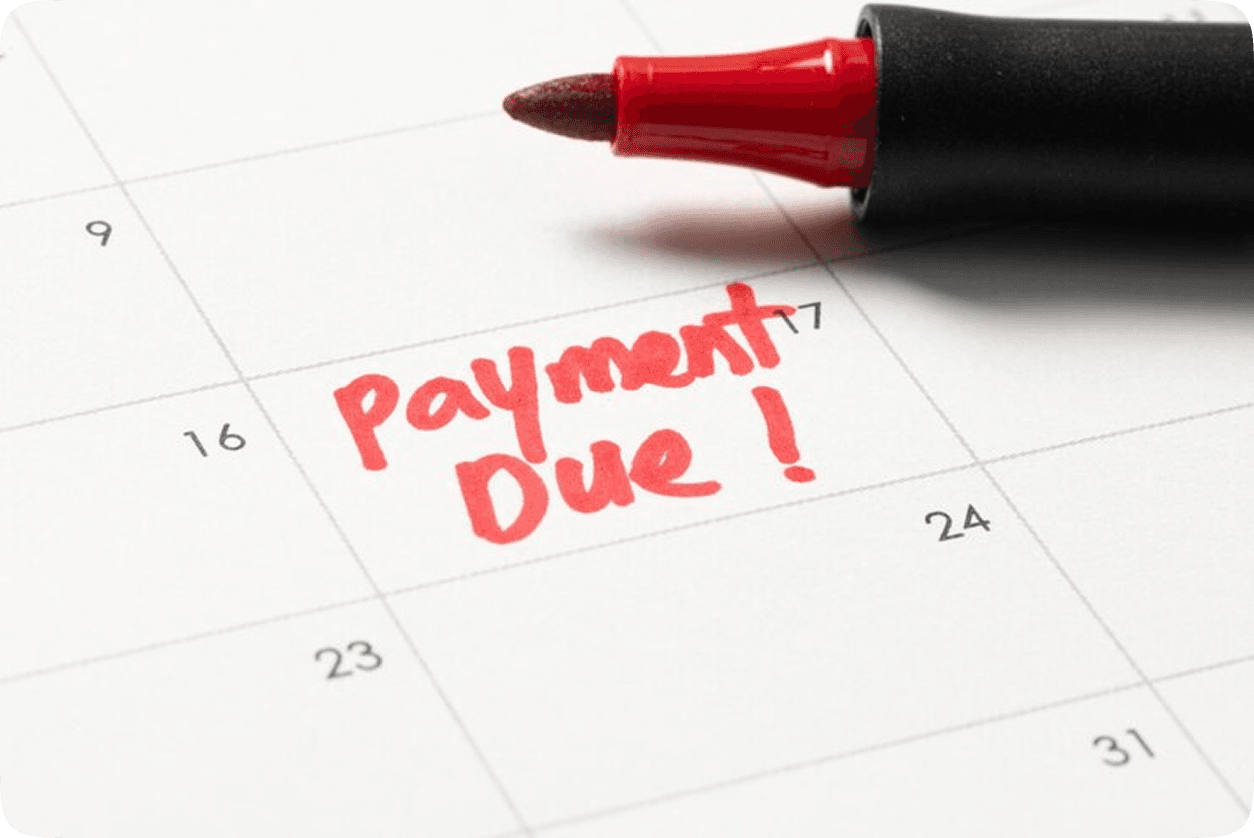 Calendar page displaying 'Payment Due!' with a red marker